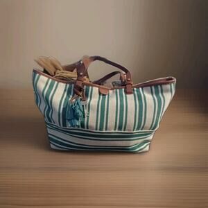 Fossil Rachel tote bag with a teal stripe canvas and brown leather trim Boho...
